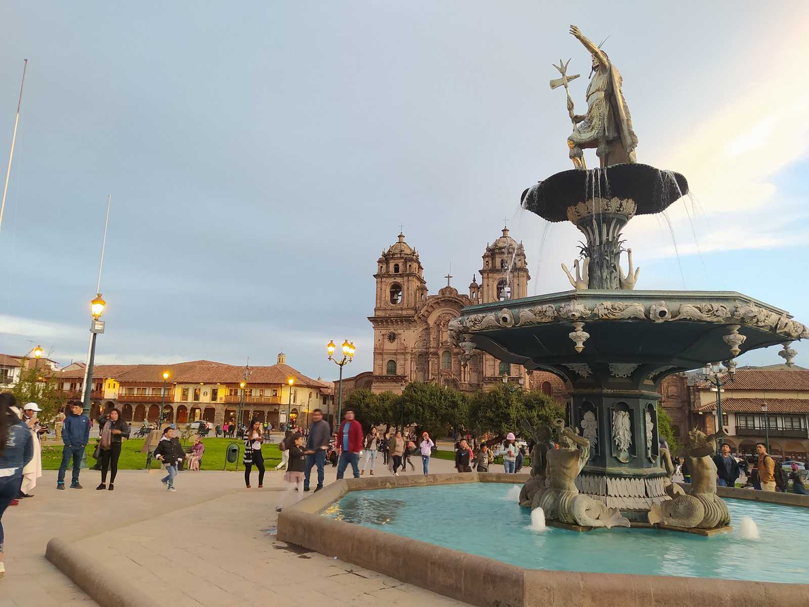 Panoramic view of the impressive colonial and Inca architecture in the Plaza de Armas in Cusco, Peru