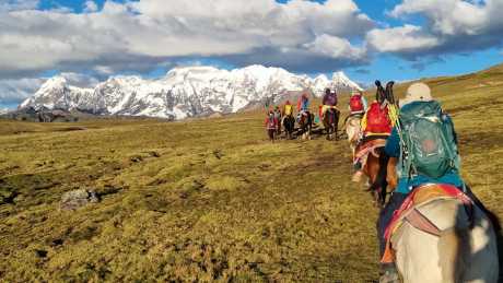 Horseback trekking in Ausangate with views of the snowy Ausangate mountain on a 5-day tour
