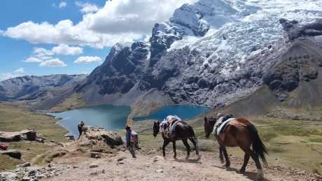 Turquoise lagoons of Ausangate seen during a horseback trek with local horsemen